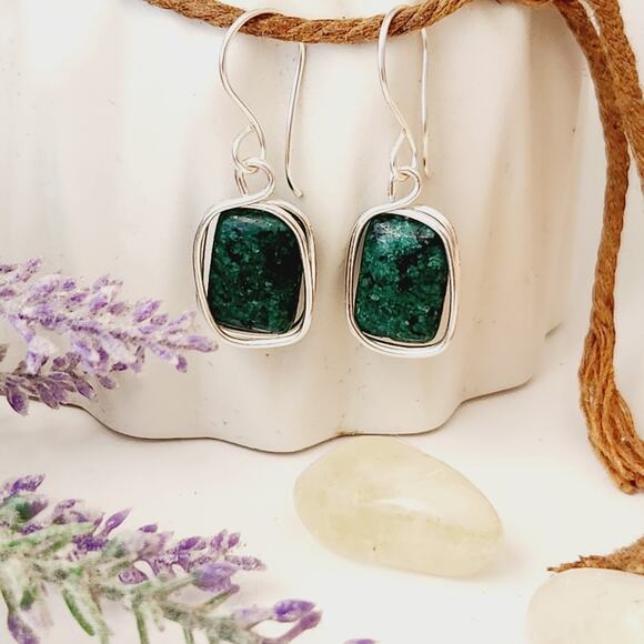 Natural African Turquoise Stone Earrings, Silver Plated Wire Wrapped Earrings - Picture 8 of 9